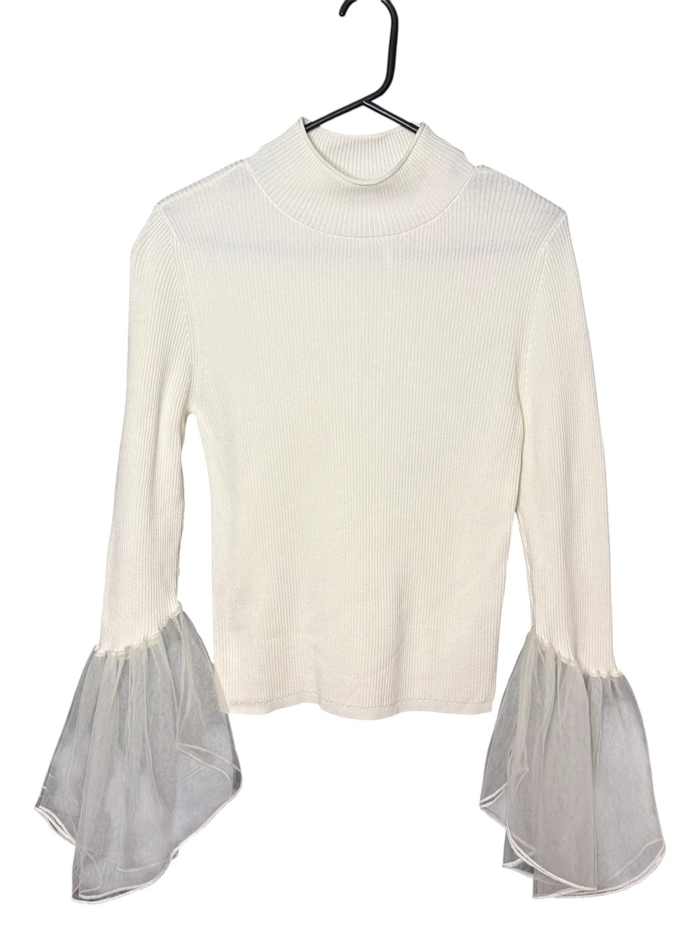 By Anthropologie Tulle Cuff Fitted Ribbed Mock Neck Sweater